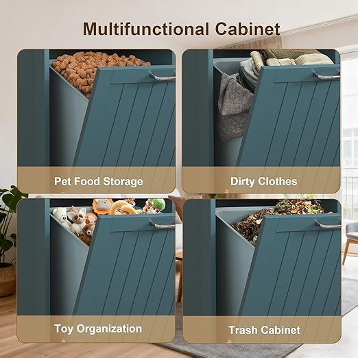 Tilt Out Trash Cabinet with Double Hidden Trash Can Holder, Kitchen Free Standing Recycling Cabinet,Dog Proof Trash Can,Wood, Teal