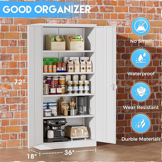 Greenvelly White Metal Storage Cabinets 72” Garage Steel Storage Cabinet with Doors and Shelves, Metal File Organization for Home Office, Basement, Warehouse, Classroom（Anti Ttipping）