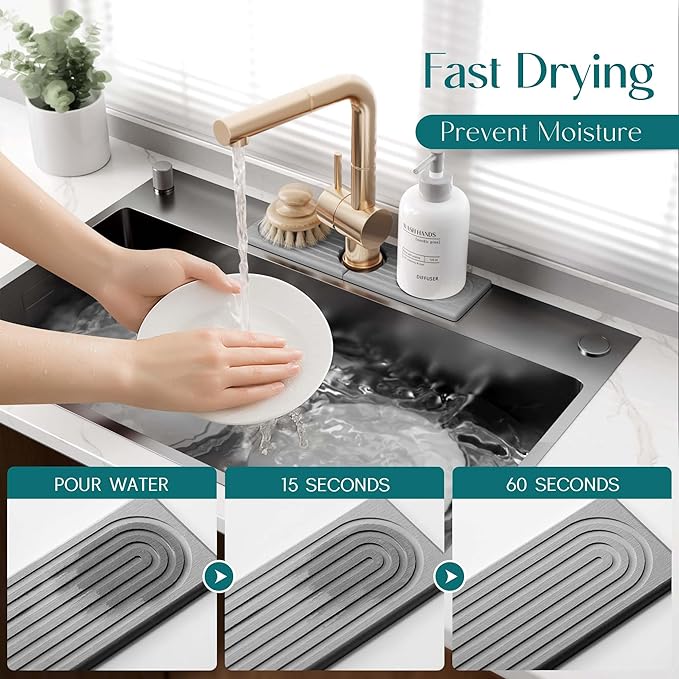 Diatomite Kitchen Faucet Mat - 14Inch Water Absorbing Stone Tray for Sink, Stone Fast-Drying Faucet Mat for Kitchen Counter Sink Accessories (Grey, 14'' x 3.9'')