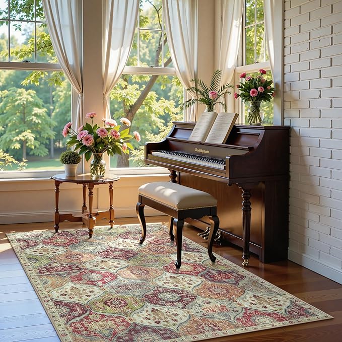 Lahome Moroccan Trellis Washable Small Area Rug, 3x5 Black Rug for Bedroom Living Room, Non-Slip Oriental Accent Throw Carpet for Kitchen Office Entryway Bathroom Office, Orange/Terracotta