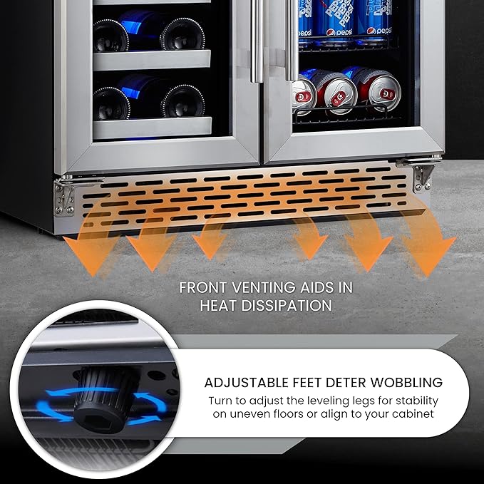 Phiestina Beverage Refrigerator, 24 Inch Wine and Beverage Fridge, Under Counter Wine Cooler- 20 Bottles & 78 Cans, Built-in/Freestanding Dual Zone with Glass Door