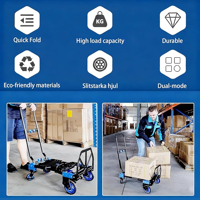 Folding Hand Truck Dolly Capacity Collapsible Heavy Duty Utility Cart with Adjustable Handle Convertible Trolley for Luggage Moving Camping Home Office (Blue Storage Bin Set, Box 55cm*36cm*33cm)