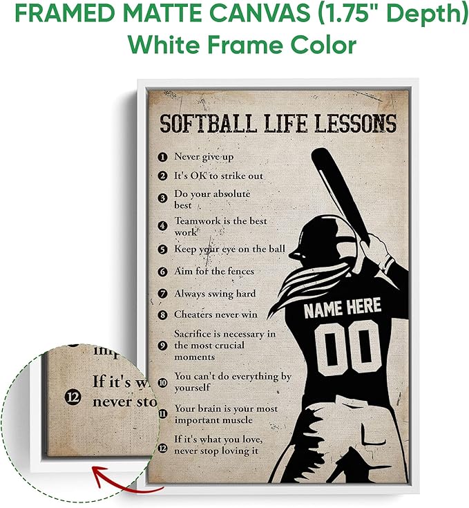 Custom Softball Life Lessons Sports Motivational Gift For Girl Personalized Name Number Poster & Framed Canvas, Wall Art Home Office Decoration Living Room Bedroom Aesthetic Decor