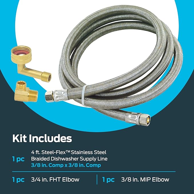 Eastman 4 Ft. Dishwasher Installation Kit, Braided Stainless Steel Supply Line with 3/8 Inch Compression Ends, 41037