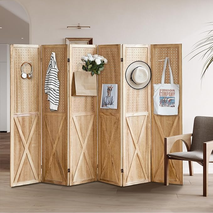 6 Panel Pegboard Room Divider, 5.6Ft Pegboard Display Folding Privacy Screens, Wood Room Divider Peg Board Display Freestanding for Trade Show Craft Show Home Wall Organizer, Light Brown