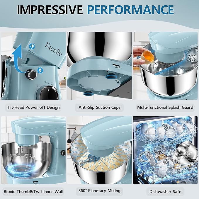 Facelle Stand Mixer, 10-Speed 6QT Kitchen Electric Mixer, Tilt-Head Food Mixer with Beater, Dough Hook, Wire Whip and Egg Separator, scraper for Most Home Cooks (Blue)