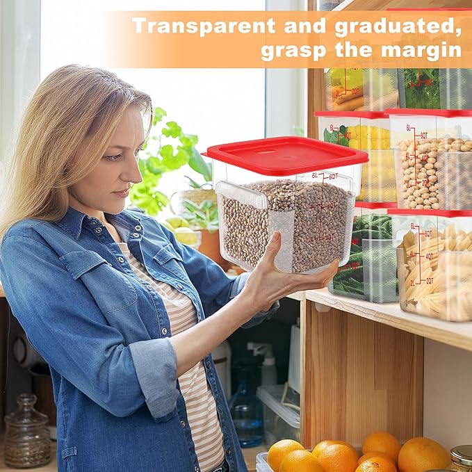 10 Sets 6 Qt Square Food Storage Containers with Lids Commercial Polycarbonate Containers Dough Proofing with Scale Clear Airtight Cereal for Pantry Home Restaurant