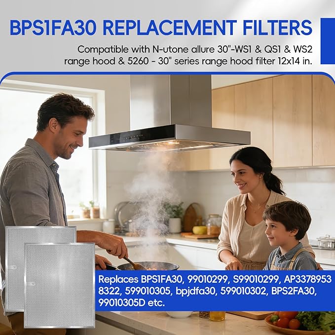 Stove Hood Vent Filter 11-3/4" x 14-1/4" BPS1FA30 - Compatible with NuTone Allure & Broan Range Hood Filter Replacement 99010299 - Fits QS1 QS2 30" Hoods(Stainless Steel Frame: 2-Pack)
