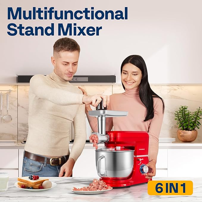 VIVOHOME 6-in-1 Stand Mixer, 8.5 Quart Electric Tilt-Head Kitchen Mixer with Bowl, Multifunctional Food Mixer for Cake, Bread, and Dough, with Meat Grinder, Blender, Pasta Maker Attachments, Red