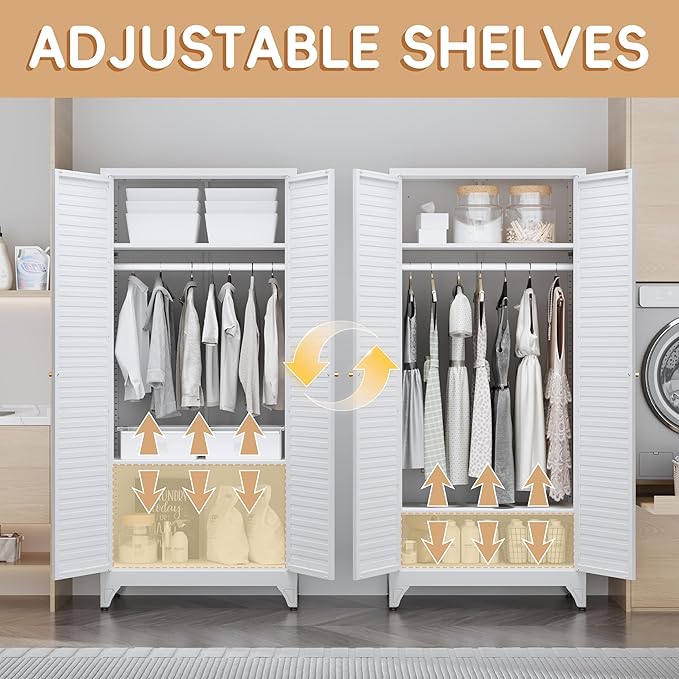 71" Metal Wardrobe Cabinet with Hanging Rod,Armoire Wardrobe Closet with Doors and Adjustable Shelves, Whiet Clothing Storage Cabinets for Bedroom,Office,School,Hospital