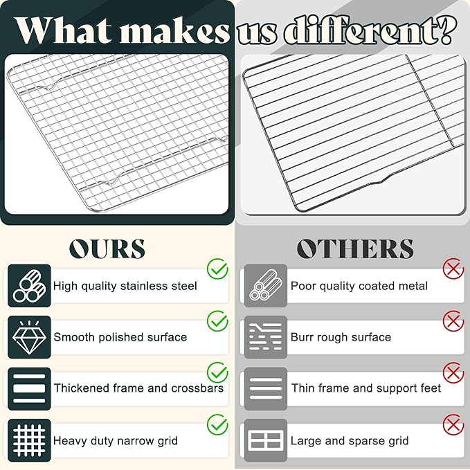 Cooling Racks for Cooking and Baking - 10"x14.75" Oven Safe Premium Stainless Steel Heavy Duty Baking Rack Tight-Wire, Fits Jelly Roll Pan Rack for Roasting & Grilling & Cooking - Set of 2