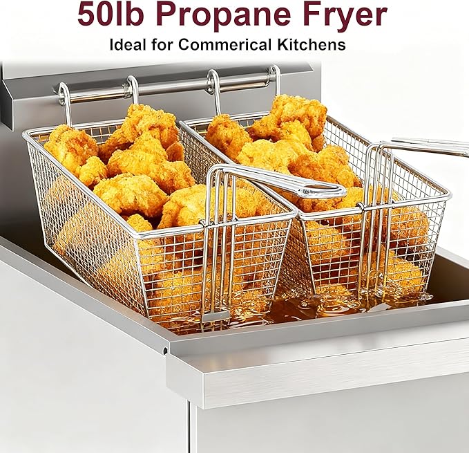 Commercial Deep Fryer, Stainless Steel Gas Floor Fryer for Restaurants, 4-Burner Fryer with 2 Baskets and Adjustable Temperature, Liquid Propane Powered, 50 LBS Capacity, 400°F, 120000 BTU