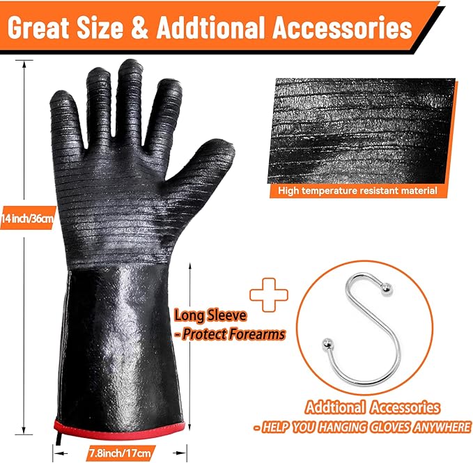 BBQ Gloves - 1472°F Thicken Heat Resistant Gloves w/S-Hook 14 in Kitchen Oven Mitts Waterproof Grill Glove Oil Resistant Grilling Glove Cooking Gloves for Turkey Fryer/Baking/Oven/Smoker