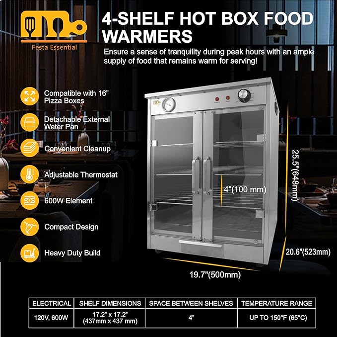 4-Shelf Electric Hot Box Food Warmer Accommodating up to (8) 16" Pizza Boxes, Countertop Heated Holding Cabinet for Pretzels, Warming Machine for Home Commercial Use, w/Water Drawer, 120V 600W