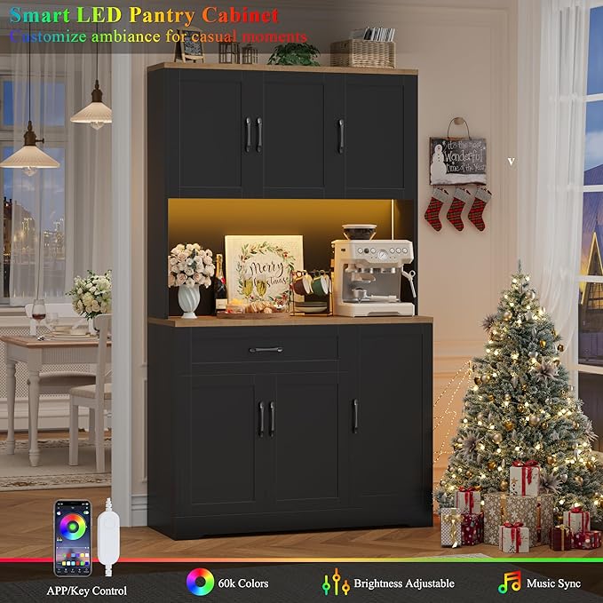 HIFIT 71" LED Kitchen Pantry Cabinet with Power Outlet, Tall Hutch Storage Cabinet with Microwave Stand & 6 Door Shelves, Modern Food Pantry Cabinets with Drawer for Kitchen Dining Living Room, Black