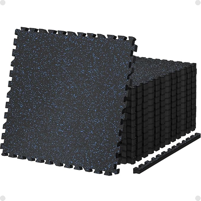 AIRHOP 0.79in Thick 48 Sq Ft Exercise Equipment Mats, 12 Tiles Upgraded Rubber Top with High Density EVA Foam, Large Interlocking Puzzle Gym Flooring for Home Gym, Heavy Weight Workout,Black & Blue