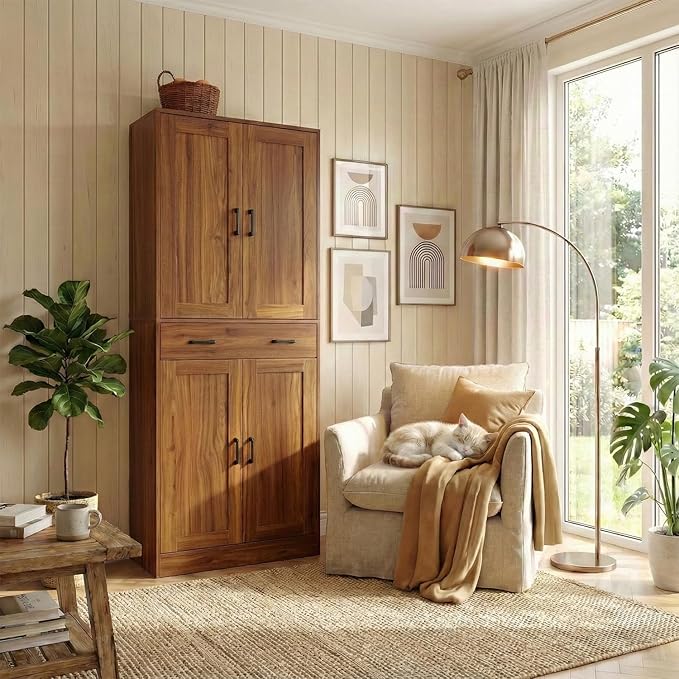 71" Tall Kitchen Pantry Cabinet, Freestanding Storage Cabinet with Drawer and 4 Doors, Large Brown Utility Floor Cupboard with Adjustable Shelves for Dining Room, Bathroom, Home Office