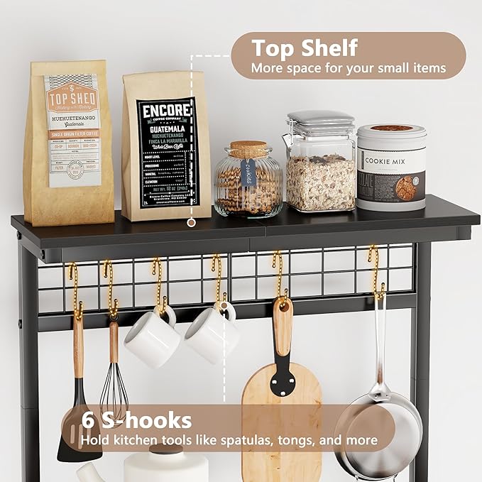Furologee Kitchen Bakers Rack with Hutch, Coffee Bar Station 4 Tiers, Microwave Oven Stand with 6 S Hooks and Pegboard, Kitchen Microwave Rack for Spice Organizer Workstation, Black