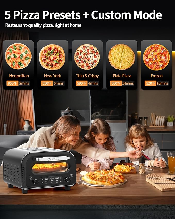 Pizza Oven Indoor, Heats up to 850°F, Makes 12” Pizzas in 90 Seconds, Electric Pizza Oven with 6 Touchscreen Presets, Countertop Pizza Ovens for Kitchen, Recipes & Pizza Stone Peel Included, Dark Grey