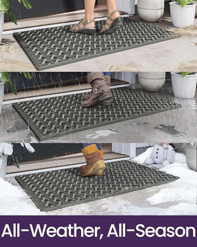 DEXI Front Door Mat Outside Entrance Rubber 32x48, Welcome Floor Doormat Heavy Duty Non Slip, Dirt Trapper Waterproof Exterior Entry Mats All Weather for Patio Entryway Drainage, Grey