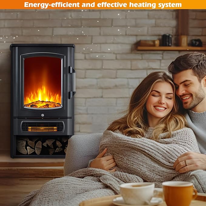 3 Panel Freestanding Electric Fireplace Stove, 1500W Heater with Realistic 3D LED Flame, Independent Flame & Heat, Adjustable Thermostat, Overheat Protection, Black Cast Iron Finish