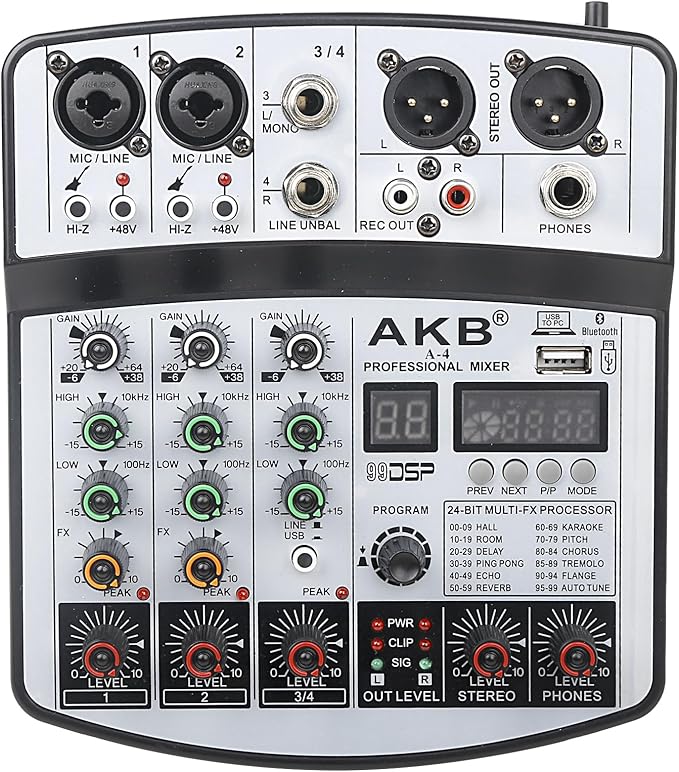 Dj Mixers 4 Channel Audio Mixer Sound Board with Bluetooth, Usb Audio Interface with 48V Phantom Power Sounds Mixer Board with 99 DSP FX Reverb Delay Effect