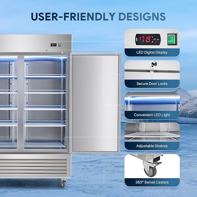 Wilprep 54" W Commercial Freezer 2 Door 2 Section Upright Freezer Stainless Steel Reach-in Solid Door Upright Fan Cooling 42.2 Cu.ft Freezer for Restaurants, Bars, Shop, ETL-Listed