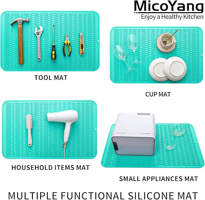 Silicone Dish Drying Mat for Multiple Usage,Easy clean,Eco-friendly,Heat-resistant Silicone Mat for Kitchen Counter or Sink,Refrigerator or Drawer Liner Mint 3XL 28 inches x 18 inches