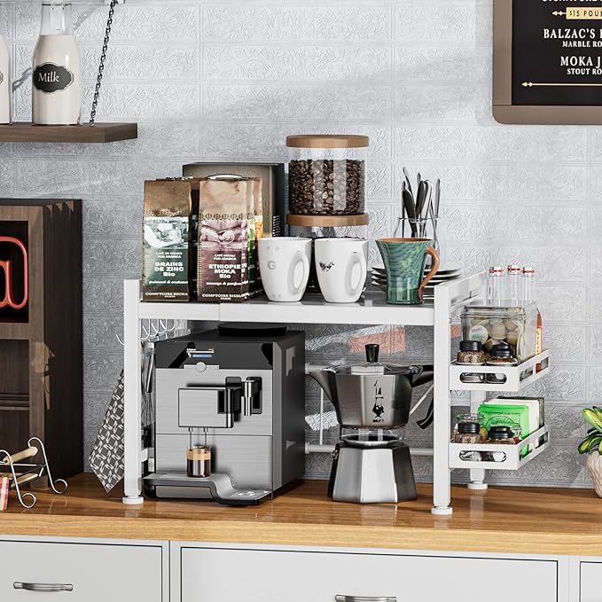 Over the Microwave Shelf - Adjustable Countertop Stand 2 Tier Rack (L15.723.6" xW12.8 xH17.7) with Spice Organizer and 6 Hooks for Kitchen White