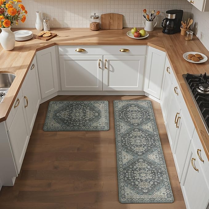GENIMO Kitchen Mats for Floor, 2PCS Kitchen Rugs Non Slip Washable, Waterproof Anti Fatigue Mat, Comfort Standing Runner Rug for Sink, Office, Laundry, Home, 17.3"x59"+17.3"x30", Slate Blue