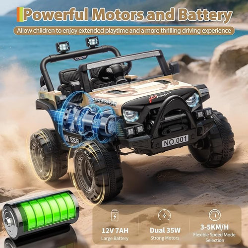 12V Kids Ride on Car, Electric Ride on Truck w/Parent Remote, Spring Suspension, Bluetooth Music, LED Light, 4.1Mph Max Speed, 3 Speeds, Battery Powered Vehicles for Kids Toddler Age 3-8, Khaki