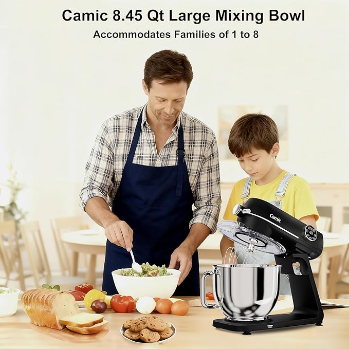 Camic 8.45 QT All Metal Stand Mixer,10 Speed Large Capacity Kitchen Mixer with Digital Timer & Tilt-Head, Electric Mixer with Whisk Dough Hook Mixing Beater for Baking,Cakes,Cookie,Bread,Salad(BLack)
