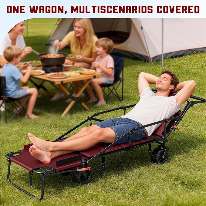 LEVELEVE Heavy Duty Folding Wagon - 2-in-1 Collapsible Cart, 650lb Capacity, All-Terrain Wheels w/Brakes & Side Pockets (Red)