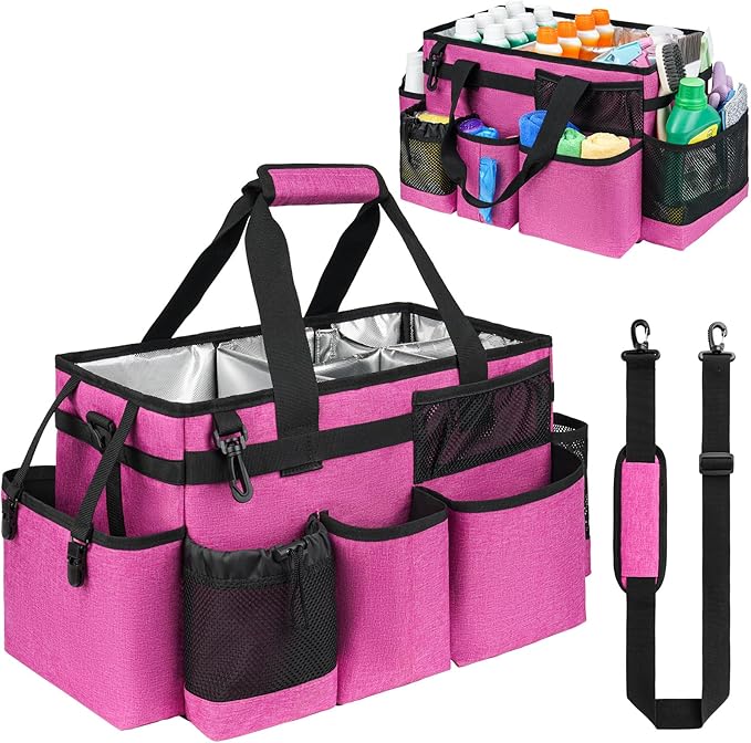 Cleaning Caddy Bag, Extra Large Cleaning Supplies Organizer for Housekeepers, Housekeeping Caddy with Handle and Detachable Padded Cushion, Pink