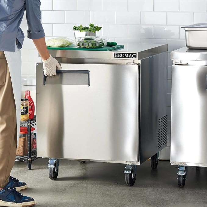 HECMAC 27" Commercial Refrigerator, 7.2 Cu.ft Worktop Undercounter Fridge with Single Solid Door, 33~40℉, 18-8 Stainless Steel Interior, ETL&NSF/ANSI 7 for Restaurant, Bar, Shop, Kitchen Use