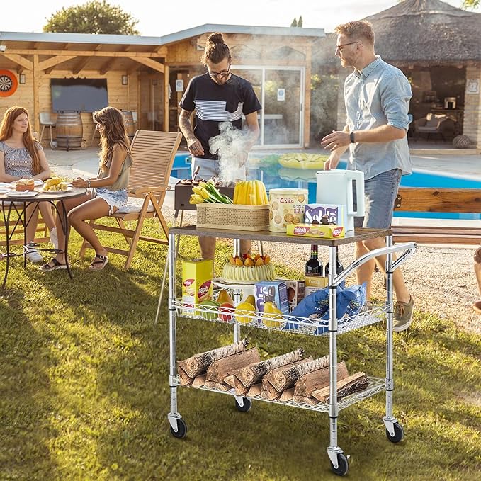 Rolling Kitchen Carts on Wheels With Storage,650Lbs Heavy Duty Metal Cart with Wheels,3 Tier Rolling Cart with Wooden Top,NSF Utility Cart with Handle for Food Cart Serving Carts,30.3"L*31.9"H*18.1"W