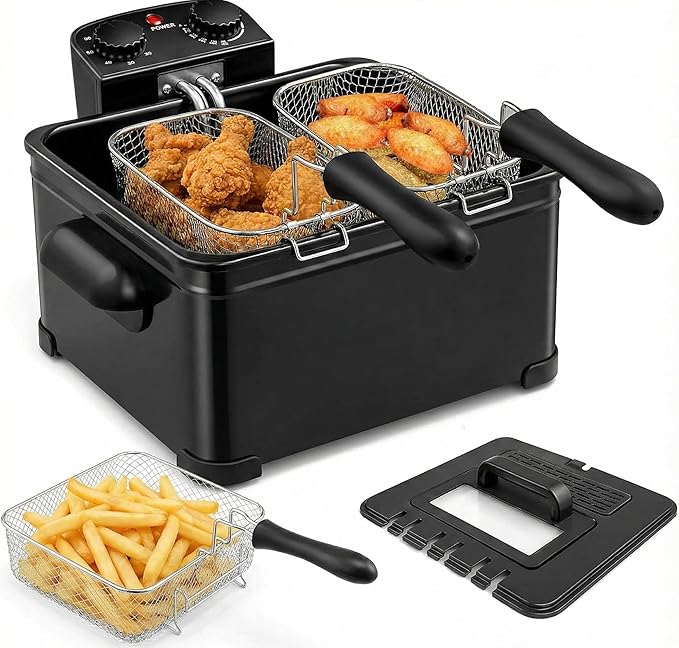 SIMOE 5L Electric Deep Fryer with 3 Baskets and Lid,1700W Countertop Electric Oil Fryer w/Temperature Control, View Window, Adjustable Timer, Deep Fryer for Home Use