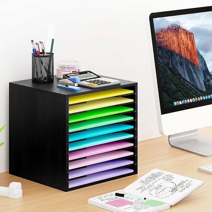 EasyPAG Scrapbook Paper Storage Organizer for Craft Room, 12x12 Paper Storage Desk Shelf, 10 Slot Adjustable File Sorter for Office School Classroom, Black