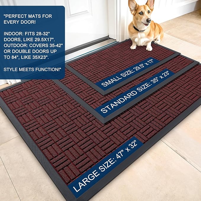 OLANLY Front Door Mat Outside Entrance 33x21, Absorbent, Heavy Duty Sturdy Natural Rubber Doormat Indoor Outdoor, Non-Slip, Stain and Fade Resistant, Low Profile Floor Mat for Entryway, Burgundy