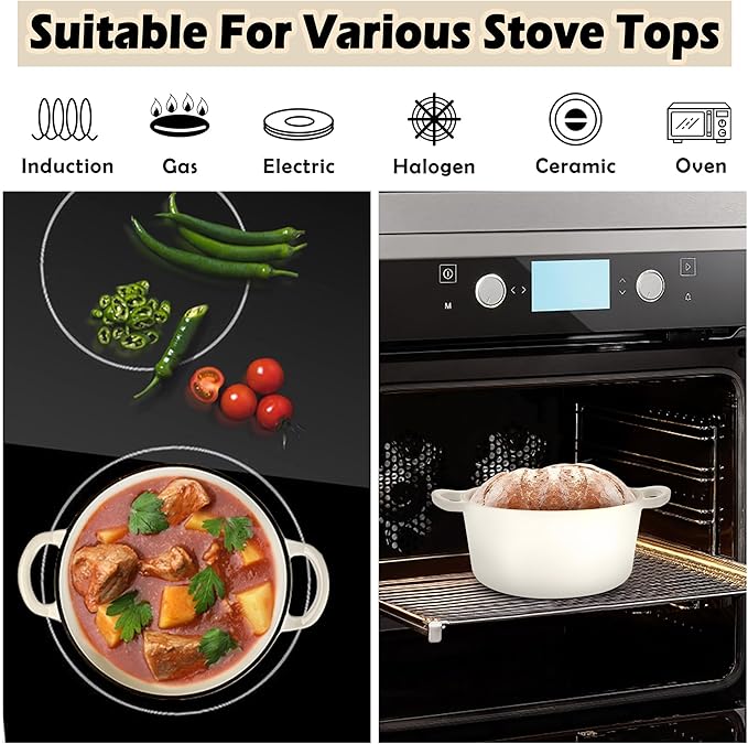 TeamFar 3qt Dutch Oven, Small Enameled Cast Iron Dutch Oven Pot with Lid, For Bread Baking/Stewing/Braising/Frying, Various Stoves & Oven Safe, Non-stick & Easy Clean, White