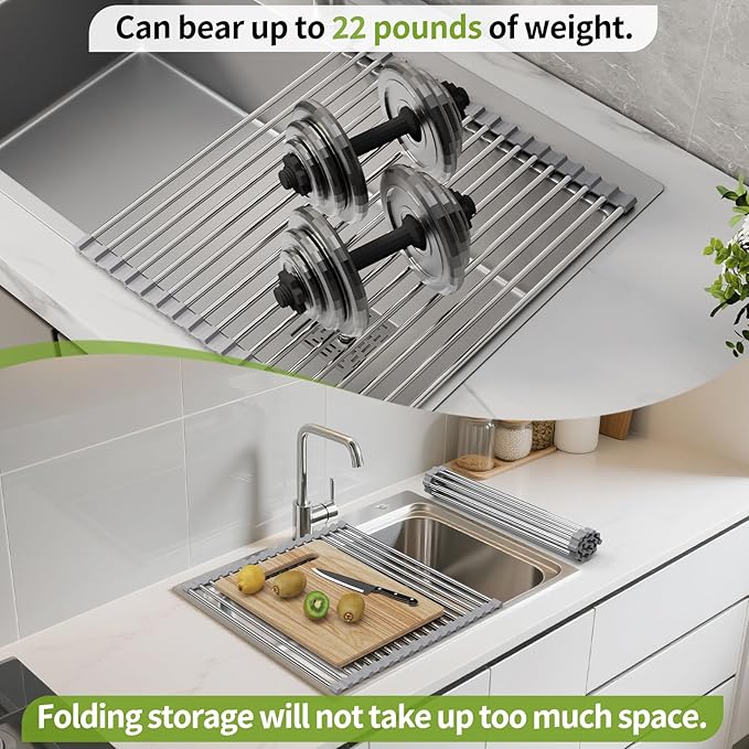 Foldable Over Sink Dish Drying Rack - Stainless Steel Sink Drain Rack with Silicone Edges, Roll-Up Storage for Kitchen, RV, Dorm Sinks (14.5×11.4in)