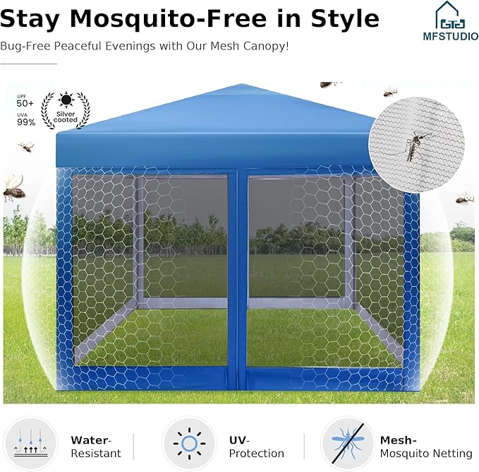 MFSTUDIO 10'x10' Pop Up Canopy Tent with Netting, Portable Instant Folding Canopy, Outdoor Canopy Screen Event Tent with 4 Zippered Mesh Netting for Garden, Blue