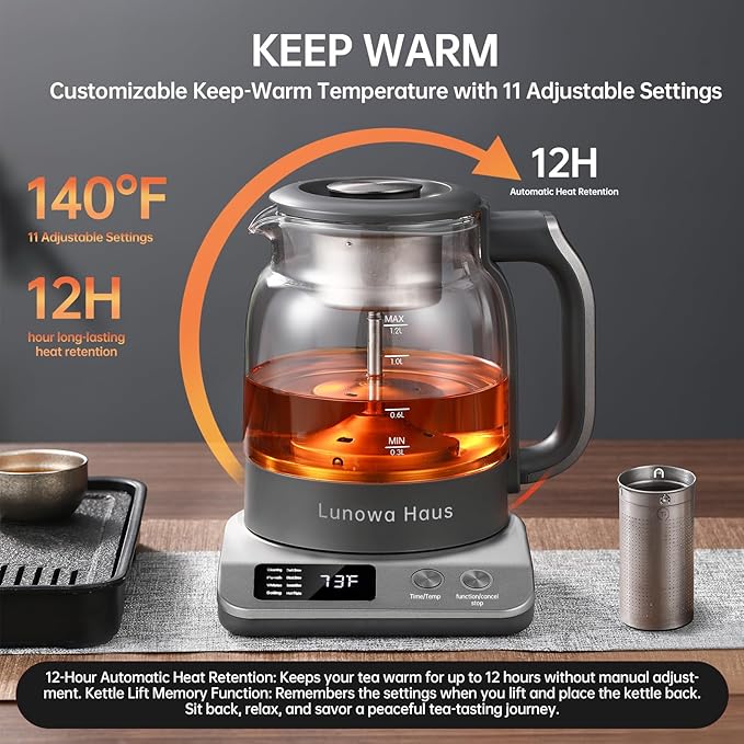 Rufus Titanium & Glass Electric Tea Kettle Tea Maker - Pro Steam Extraction, 11 Temp & 10 Strength Levels, Dry Boil Protection, 12H Auto Warm, 1.2L 600W 120V, BPA-Free with 1 Infusers