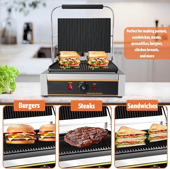Commercial Panini Press Grill 2200W Countertop Electric Sandwich Maker with Adjustable Temp Control, Nonstick Coating, Grooved Plates Grill, for Burgers Steaks Panini