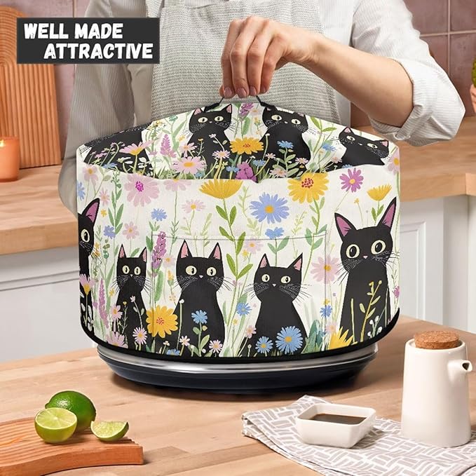 Black Cat Daisy Floral Print Slow Cookers Dust Cover Fit Most 6/7/8 Quart Crock Pot Stain Resistant Air Fryer Cover with Accessory Pocket and Handle Washable