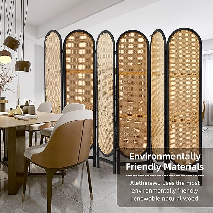 6 Panel Room Divider, Hand-Woven Rattan Room Divider Screen, Folding Privacy Screens with Double Hinges, Wooden Freestanding Wall Divider for Room Separation Bedroom Home Office - Black