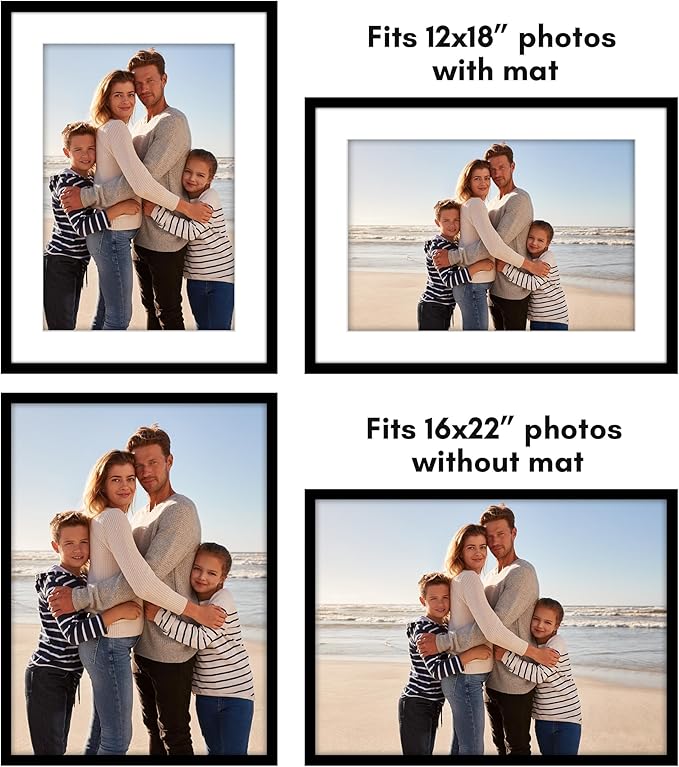 Americanflat 16x22 Picture Frame with Polished Plexiglass - Set of 5 - Use as 12x18 Frame with Mat or Display 16x22 Photo Without Mat - Galleria Collection - Picture Frames for Wall Display - Black