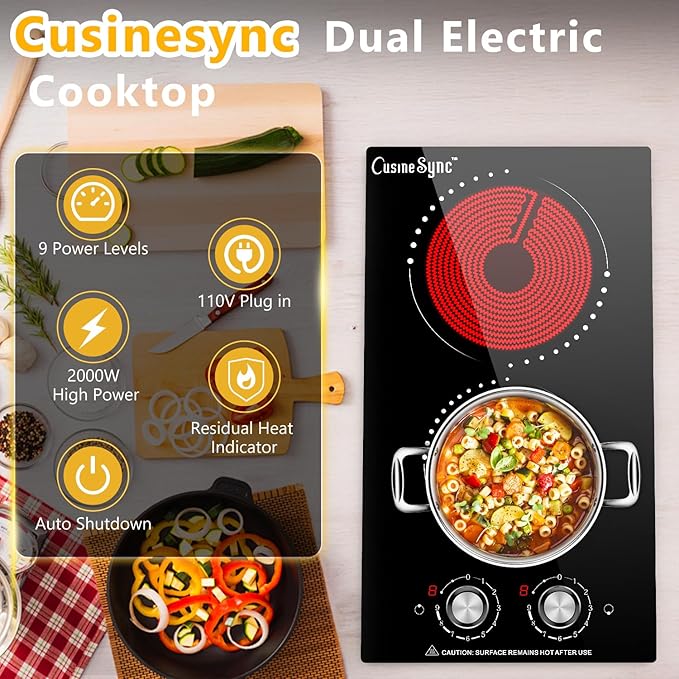 12 Inch Electric Cooktop, 2 Burner Electric Stove Top with 9 Power Levels, Knob Control, Auto shutdown and Residual Heat Warning, 2000W, Ideal for Countertop & Built-In Use (110-120V)