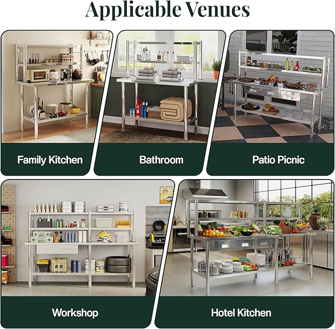 48"x24" NSF Stainless Steel Work Table with Overshelves, Adjustable Shelf & Hooks, NSF-Certified Heavy-Duty Prep Station for Commercial Kitchen, Restaurant, or Garage