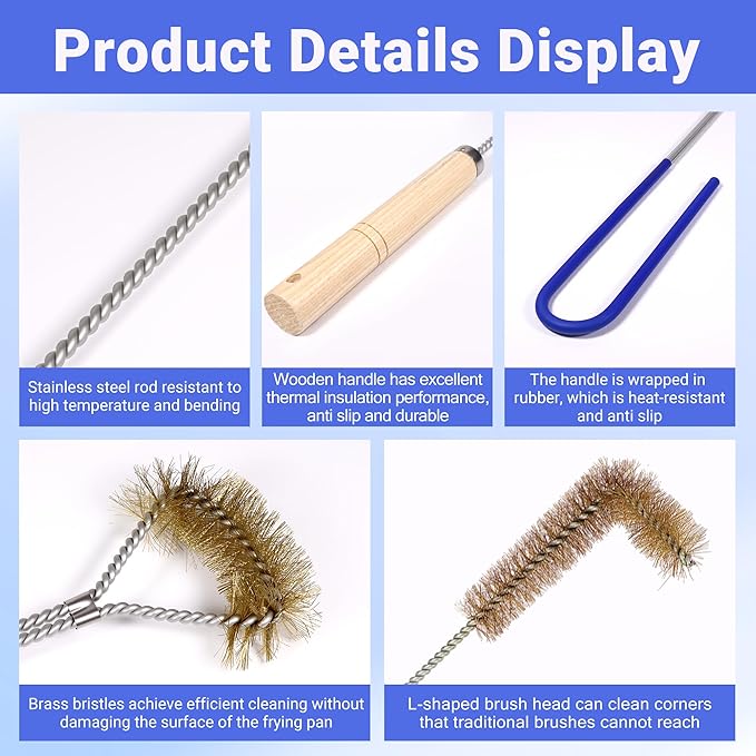 3 PCS Fryer Cleaning Tools with Deep Fryer Brass L-Shaped Brush, Deep Fryer Cleanout Rod, Long Handle Deep Basket Brush for Restaurants, Air Fryers, Deep Fat Fryers